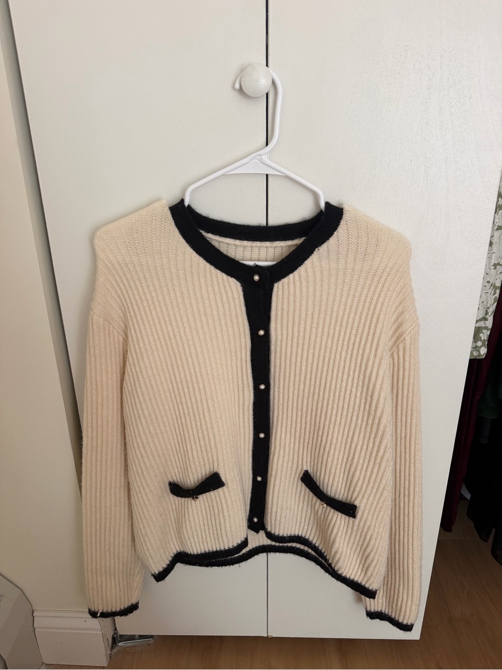 Cream Ribbed Crewneck Cardigan with Black Trim